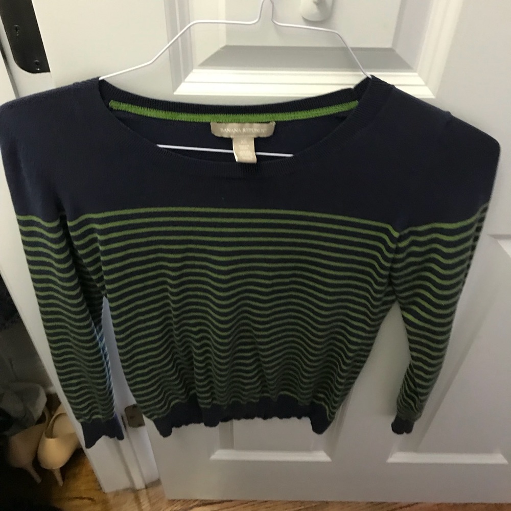 Long sleeve blue shirt with green stripes